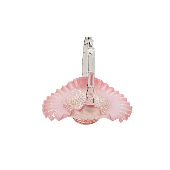 vintage 1950''s Fenton large ruffled cranberry hobnail opalescent basket, 10", E - Picture 6 of 10